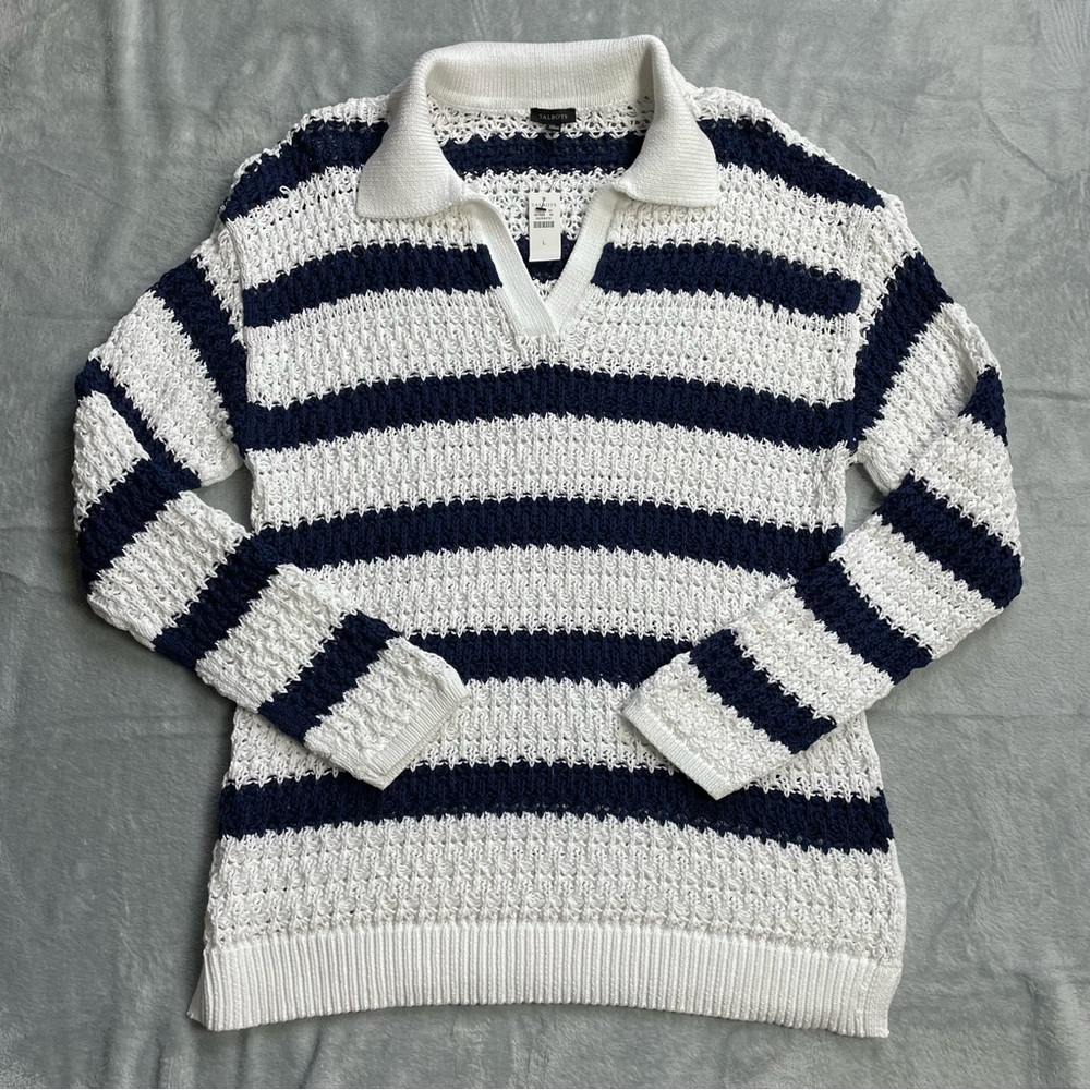 Talbots Sweater Large NWT Open Stitch Johnny Collar Nautical Stripe Pullover‎